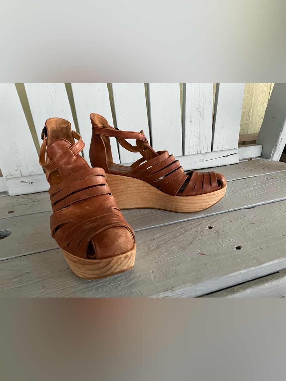 COCLICO Soft Brown Leather Strappy Wedge Sandals Wood Clog - Picture 9 of 15